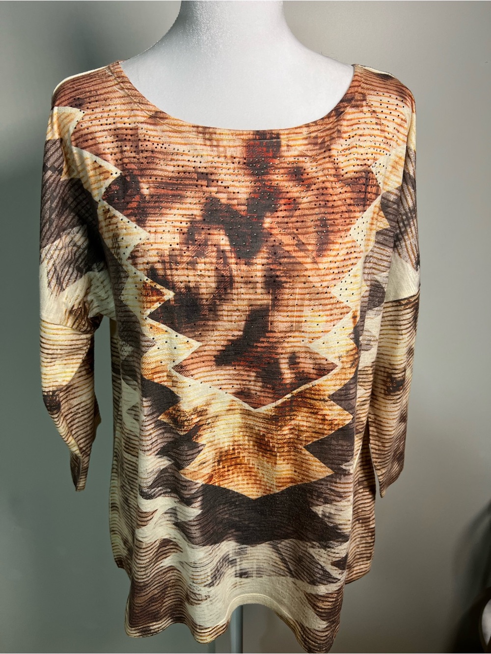Chico's Brown & Cream Abstract Chevron Print Long Sleeve Top